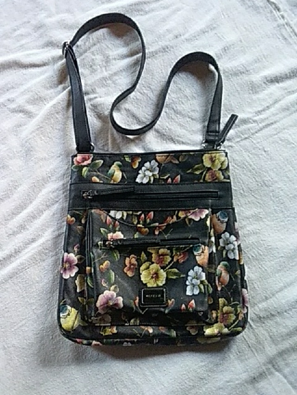 Rosetti Black Floral Crossbody Bag with Front Zip Pocket
